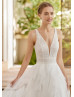 Plunging Neck Ivory Lace Dots Tulle Ruffled Wedding Dress